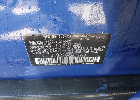 2022 Subaru Wrx Premium from USA, damaged, VIN JF1VBAF65N9019279